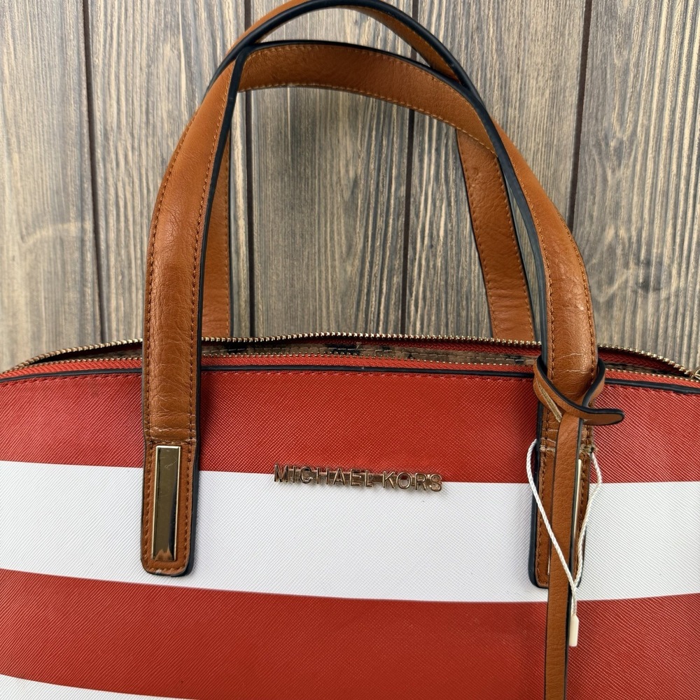 Michael Kors Red White Striped Satchel Crossbody Bag Gold Tone Charm Purse - Picture 2 of 16
